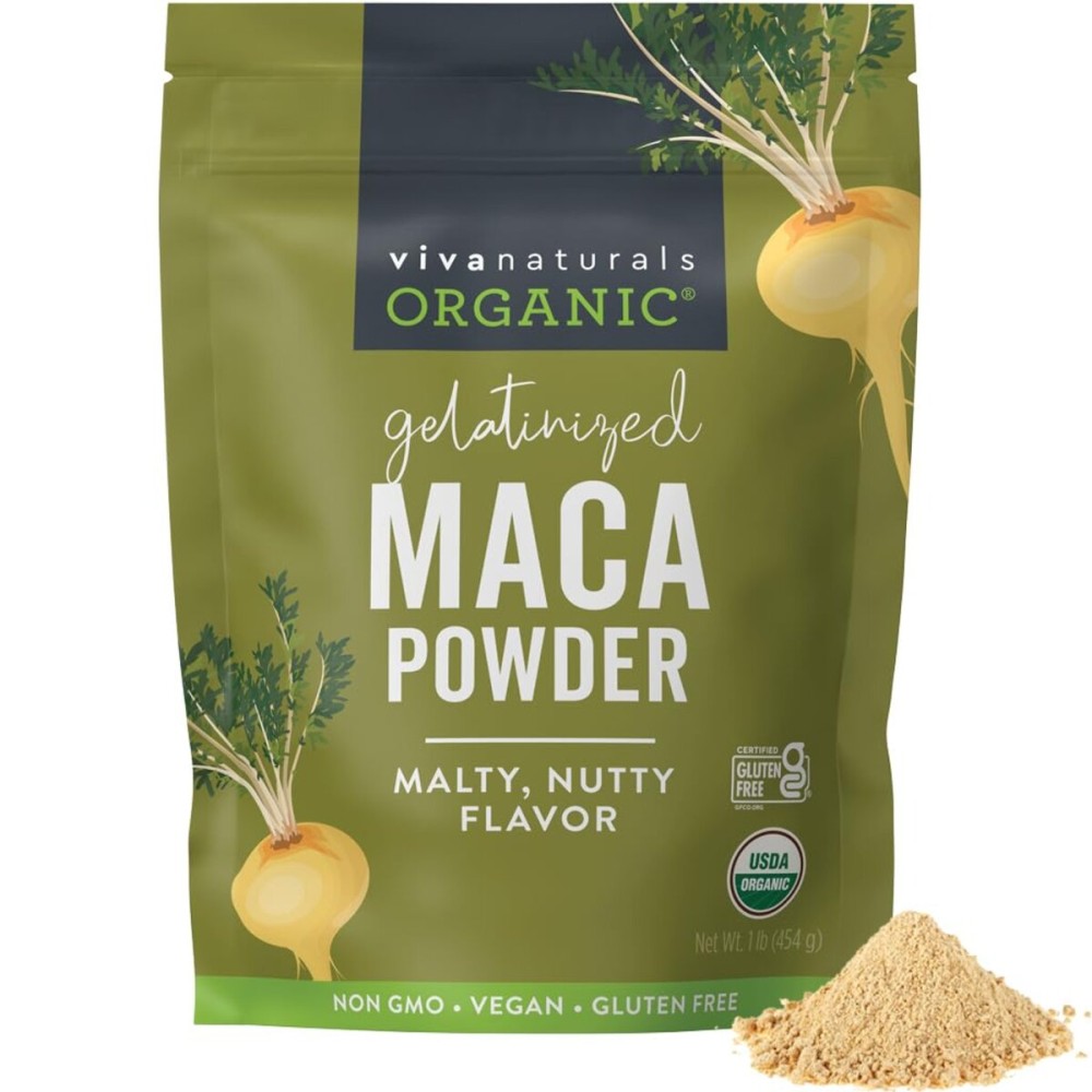 Viva Naturals Organic Maca Powder, Gelatinized, 16 oz (1 lb) - Vegan, USDA Organic, Gluten-Free, Non-GMO Peruvian Superfood in Resealable Bag
