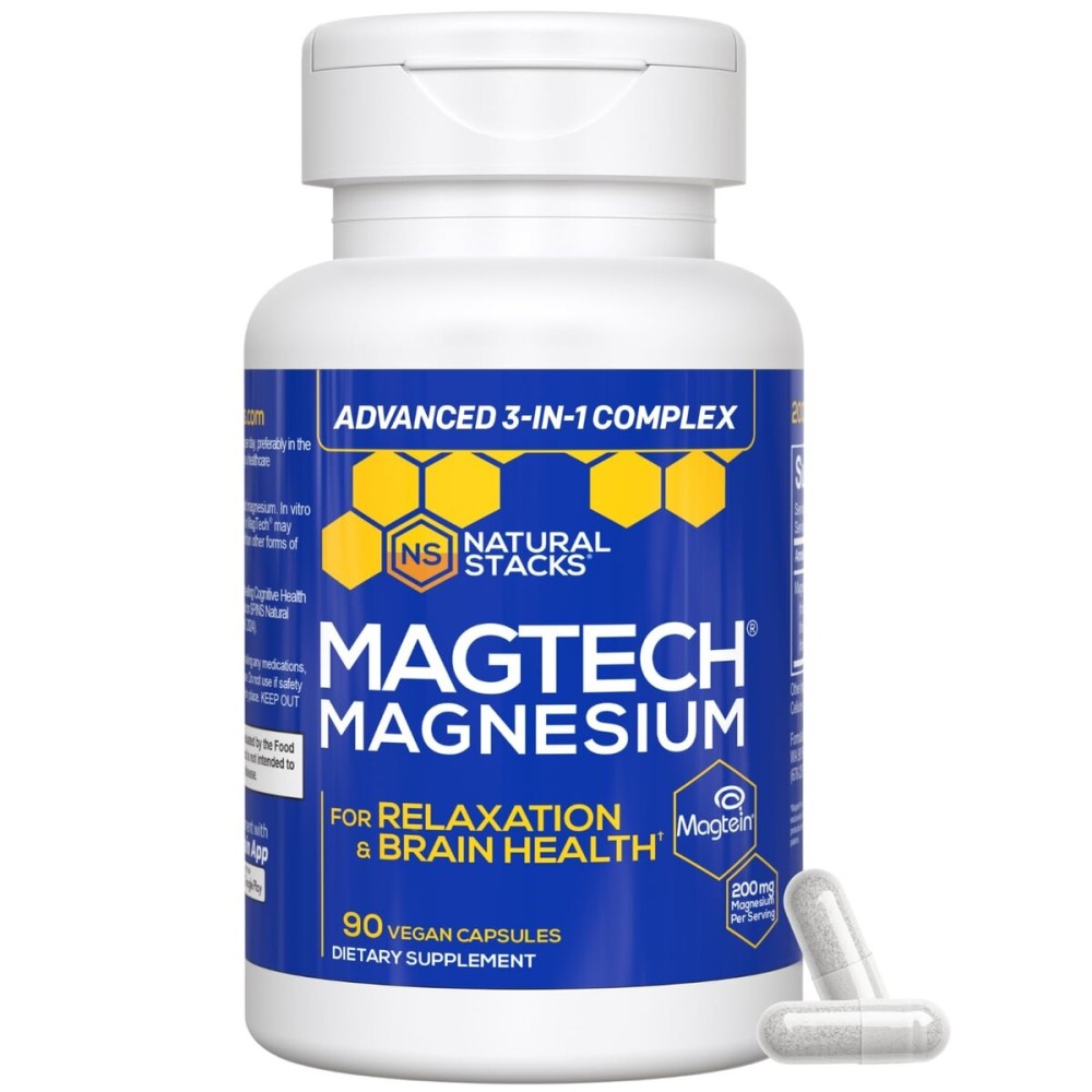 Magnesium Magtein L-Threonate, Glycinate & Taurate - 200mg Chelated Magnesium Complex - MagTech Magnesium Supplement for Relaxation & Brain Health - 90 Capsules