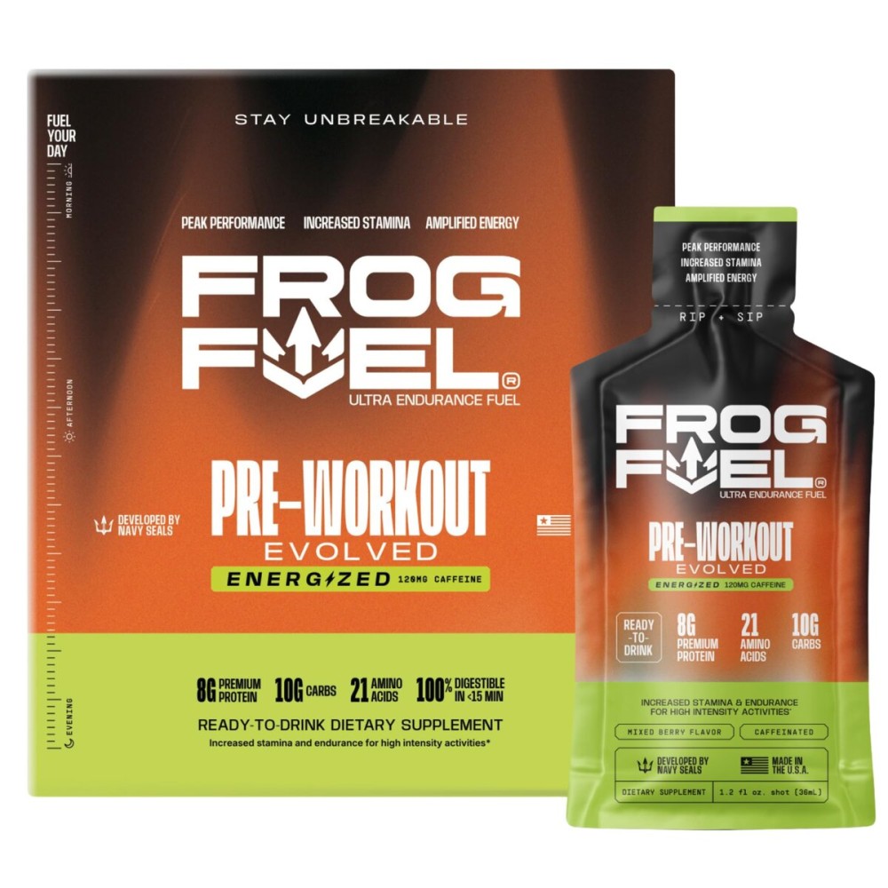 Frog Fuel Ultra Energy Gel & Energized Pre Workout Shot with 120mg Caffeine, 1500mg Beta Alanine, Electrolytes 8g Protein Nano-Hydrolyzed Grass Fed Collagen, 10g Carbs, Berry, 1.2 oz Packets, 24 Pack