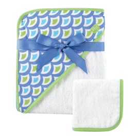 Hudson Baby Unisex Baby Cotton Hooded Towel and Washcloth, Green Wave, One Size