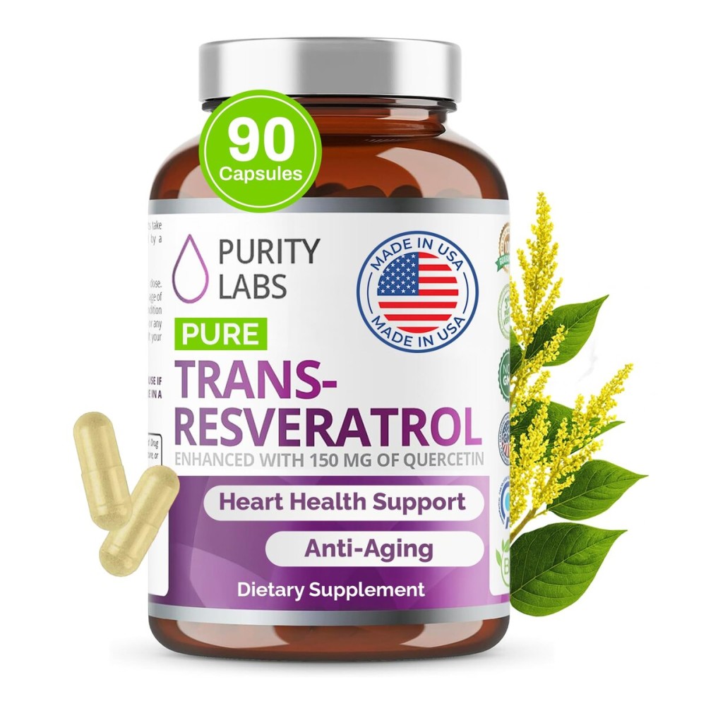 Purity Labs Pure Organic Trans Resveratrol Supplement with Quercetin, Vegan Antioxidant Nutritional Supplements for Heart, Skin, Hair, Nails | Sourced from Japanese Knotweed | 90 Capsules