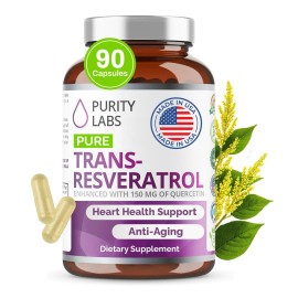 Purity Labs Pure Organic Trans Resveratrol Supplement with Quercetin, Vegan Antioxidant Nutritional Supplements for Heart, Skin, Hair, Nails | Sourced from Japanese Knotweed | 90 Capsules