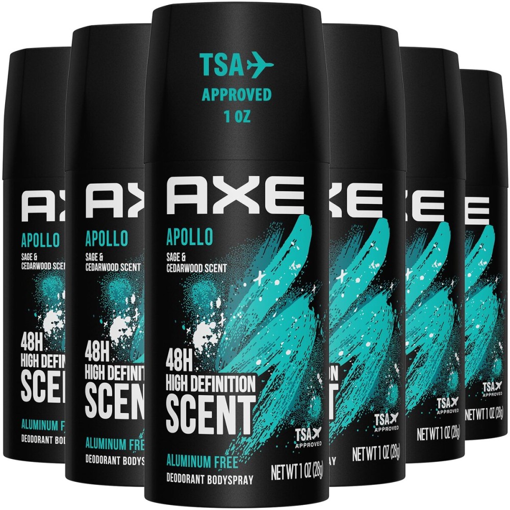 AXE Men Travel Deodorant, Aluminum-Free, Bodyspray, Apollo 6-Pack - 48H Anti-Sweat Protection, TSA-Approved Body Spray, 1 Oz Ea