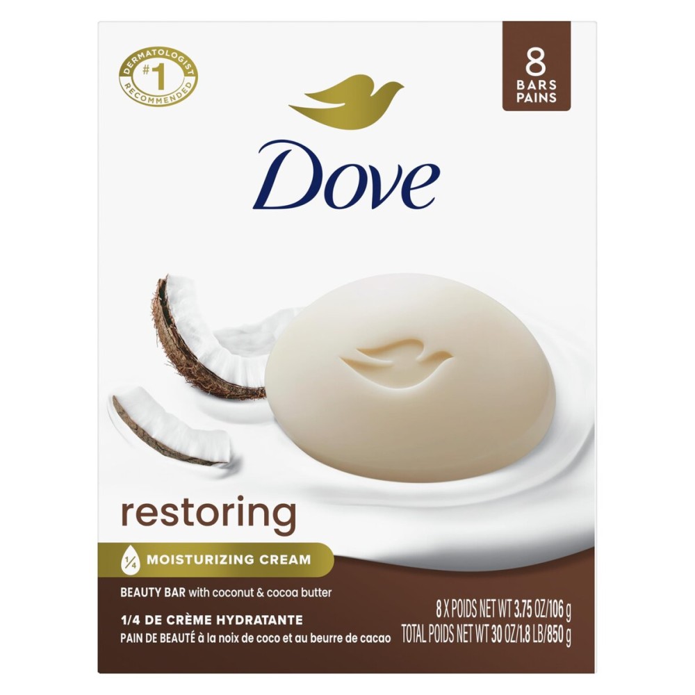 Dove Beauty Bar Soap Restoring Coconut & Cocoa Butter, 8 Bars for Restored Skin, Nourishes Skin 3.75 oz