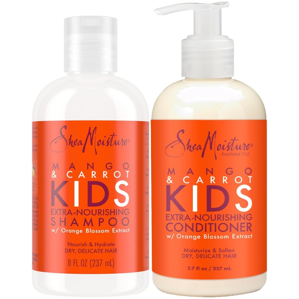Shea Moisture Mango & Carrot Kids, Extra-Nourishing, Shampoo (8 Oz) and Conditioner (7.7 Oz), Orange Blossom Extract, Dry, Delicate Hair, Vitamin B-5 & Vitamin E, 2 Piece Set