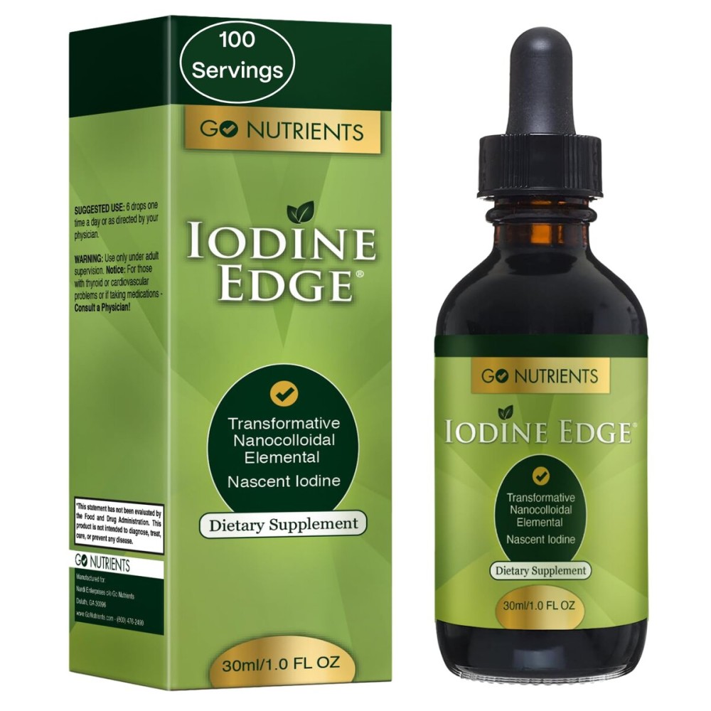 Go Nutrients Iodine Edge - Organic Nascent Iodine Liquid Supplement for Thyroid Support, Energy, Immune & Cognitive Health - High Absorption Drops - Natural Tincture for Women & Men - 1 oz