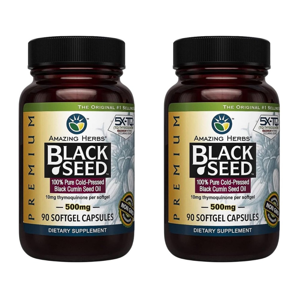 Amazing Herbs Premium Black Seed Oil Capsules - Gluten Free, Non GMO, Cold Pressed Nigella Sativa Aids in Digestive Health, Immune Support, Brain Function - 90 Count, 500mg (Pack of 2)