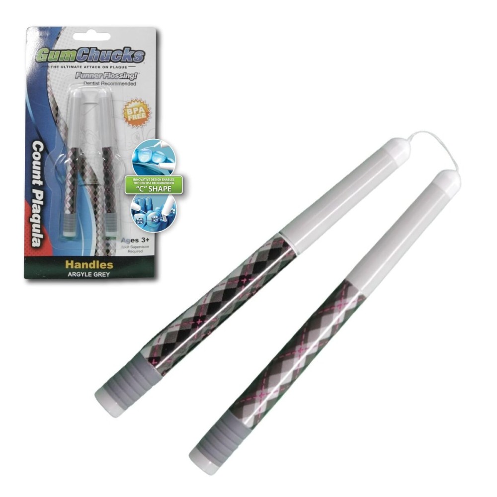 GumChucks Floss for Teeth - Flossing for Kids and Adults - Orthodontic Flossers for Braces - Dental Gum Floss Picks for All Ages (Grey Argyle - Count Plaqula)