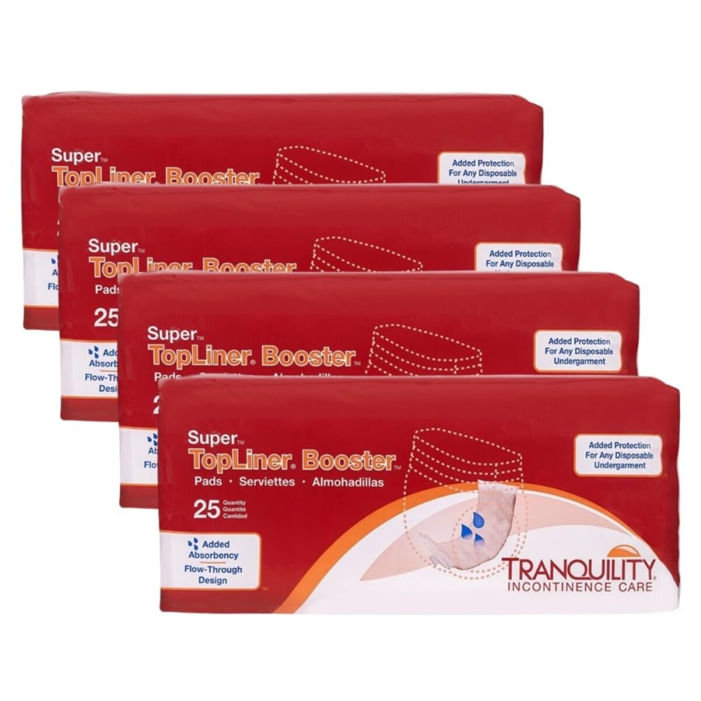 Tranquility TopLiner Disposable Booster Pads, Super (15 x 4.25) Flow-Through Design with Adhesive Strip for Max Absorption, Adult Unisex, 100ct Case
