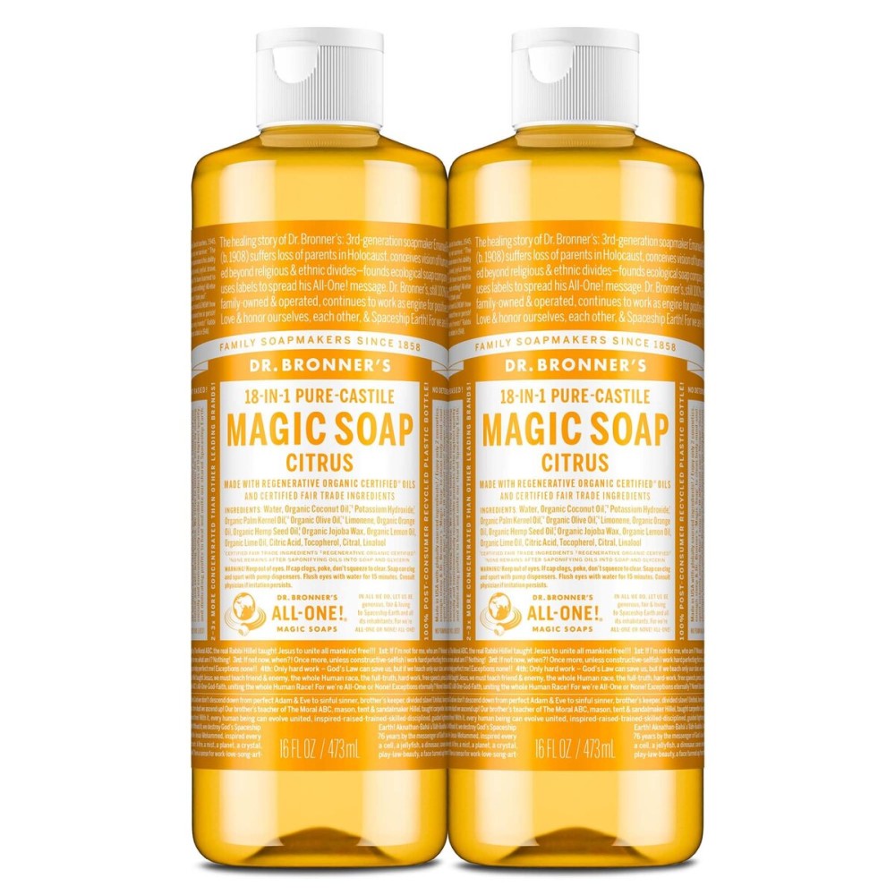 Dr. Bronner\'s Pure-Castile Magic Liquid Soap (Citrus, 16 Ounce, 2-Pack)- Made with Regenerative Organic Certified Oils, 18-in1 Uses: Face, Hair, Hand & Body Soap, Laundry, Pets- Concentrated, Vegan