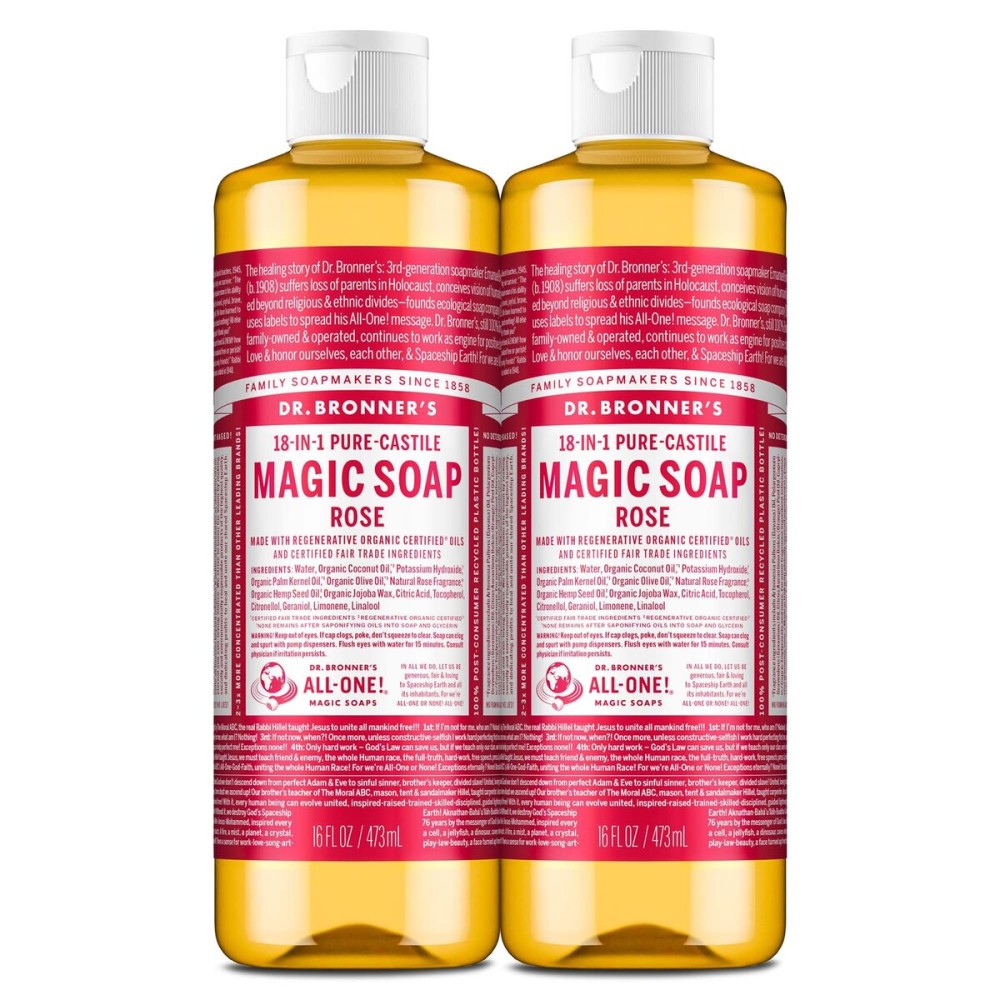 Dr. Bronner\'s Pure-Castile Magic Liquid Soap (Rose, 16 Ounce, 2-Pack)- Made with Regenerative Organic Certified Oils, 18-in1 Uses: Face, Hair, Hand & Body Soap, Laundry, Pets- Concentrated, Vegan