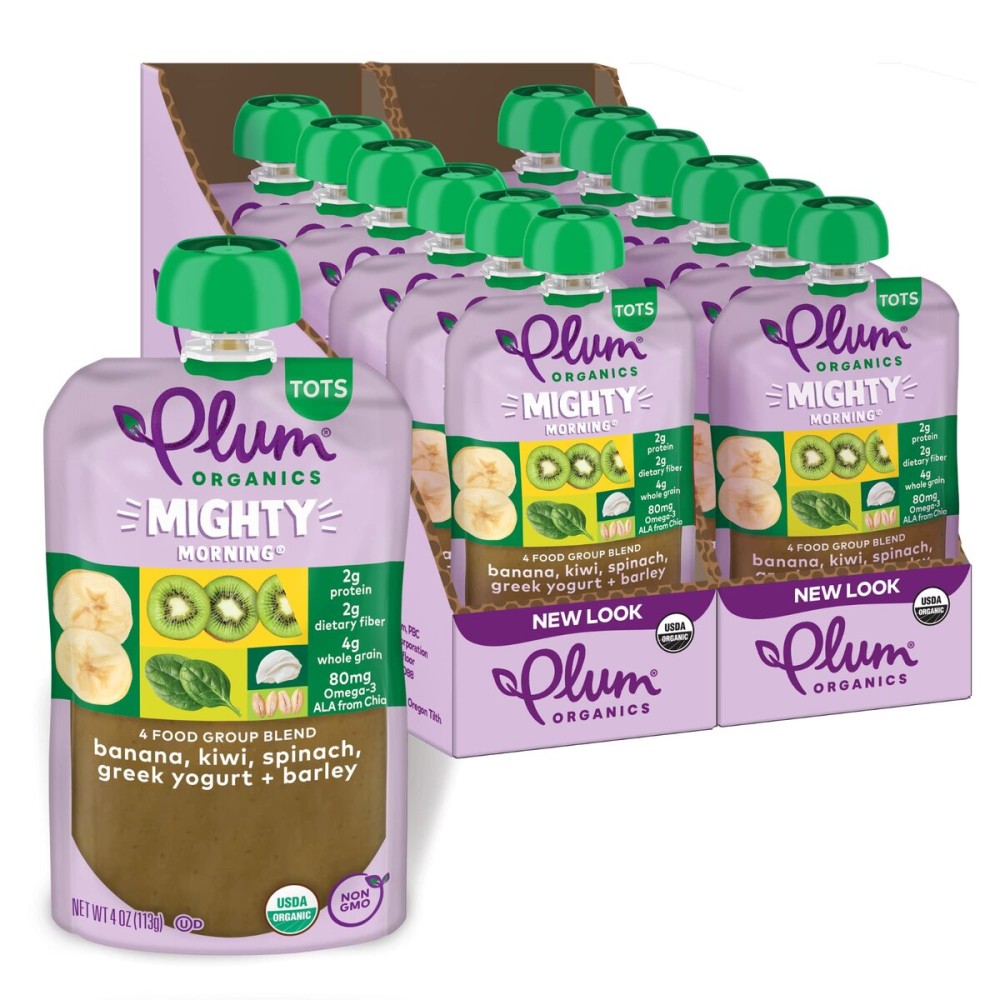 Plum Organics Mighty Morning Organic Toddler Food - Banana, Kiwi, Spinach, Greek Yogurt, and Barley - 4 oz Pouch (Pack of 12) - Organic Fruit and Vegetable Toddler Food Pouch
