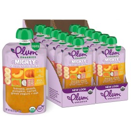 Plum Organics Mighty 4 Organic Toddler Food - Banana, Peach, Pumpkin, Carrot, Greek Yogurt, and Oat - 4 oz Pouch (Pack of 12) - Organic Fruit and Vegetable Toddler Food Pouch
