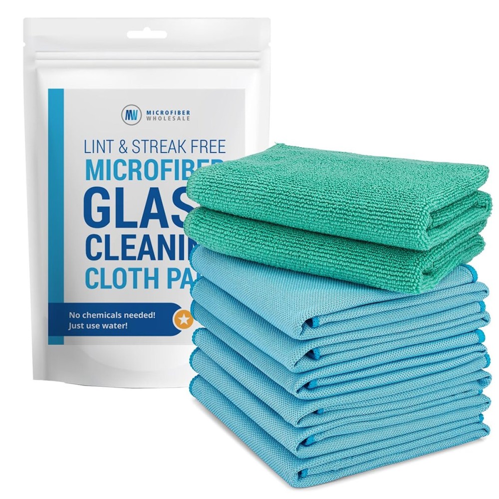 Claro 2 Step Glass Cleaning Cloth 8-Pack - Green Wet & Blue Dry Microfiber Towels Cleaning for Windows, Mirrors & Glass - Streak and Lint Free Cloth for Home, TV, Shower - Machine Washable