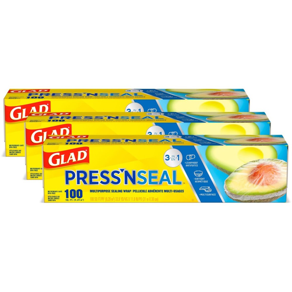 Glad Press\'N Seal Plastic Food Wrap, 100 Square Foot Roll, Pack of 3, (Package May Vary)
