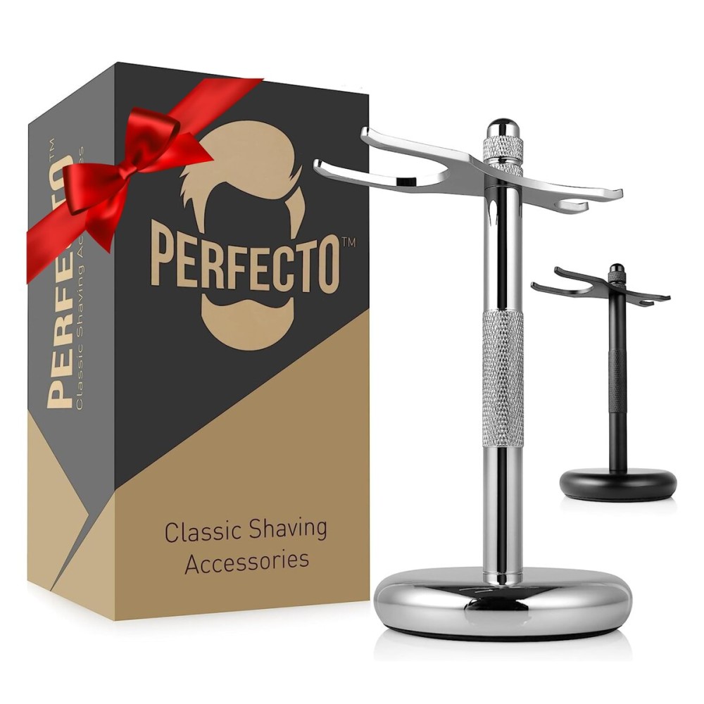 Perfecto Deluxe Chrome Razor and Brush Stand - The Best Safety Razor Stand. This Will Prolong The Life of Your Shaving Brush, metal