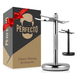 Perfecto Deluxe Chrome Razor and Brush Stand - The Best Safety Razor Stand. This Will Prolong The Life of Your Shaving Brush, metal