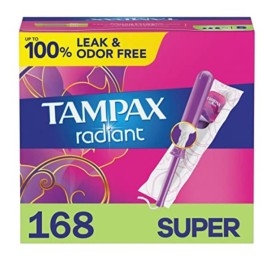 Tampax Radiant Tampons, Super Absorbency, with Leakguard Braid, Unscented, 28 Count X 6 Packs (168 Total Count)