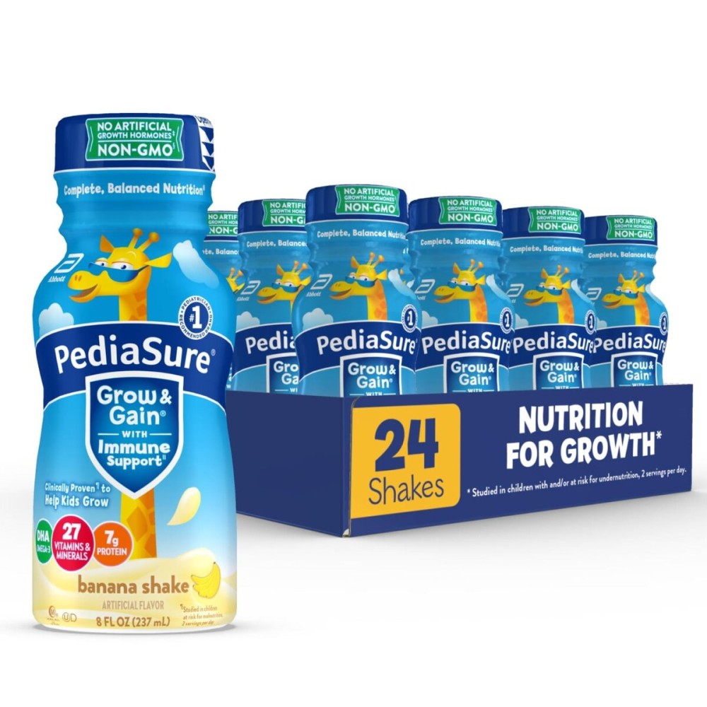 PediaSure Grow & Gain with Immune Support, 27 Vitamins & Minerals for Kids, 7g Protein, Non-GMO, Gluten-Free, Banana, 8-fl-oz Bottle, Pack of 24