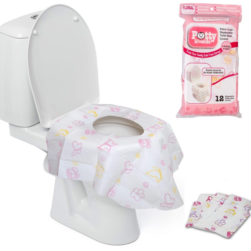 Potty Shields Toilet Seat Covers Disposable (12 Pack, Floral) - XL Waterproof Toilet Cover for Toddlers, Kids & Adults - Portable & Individually Wrapped for Travel, Potty Training & Public Restrooms