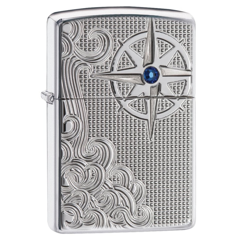 Zippo Armor Nautical Waves Pocket Lighter with Crystal, High Polish Chrome
