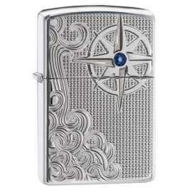 Zippo Armor Nautical Waves Pocket Lighter with Crystal, High Polish Chrome