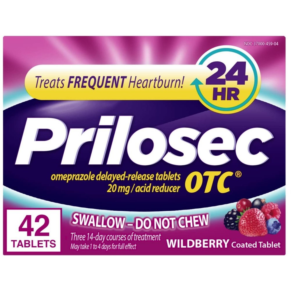 Prilosec OTC, Omeprazole Delayed Release 20mg, Acid Reducer, Treats Frequent Heartburn for 24 Hour Relief, All Day, All Night*, Heartburn Medicine, 20mg, Wildberry Flavor, 42 Tablets
