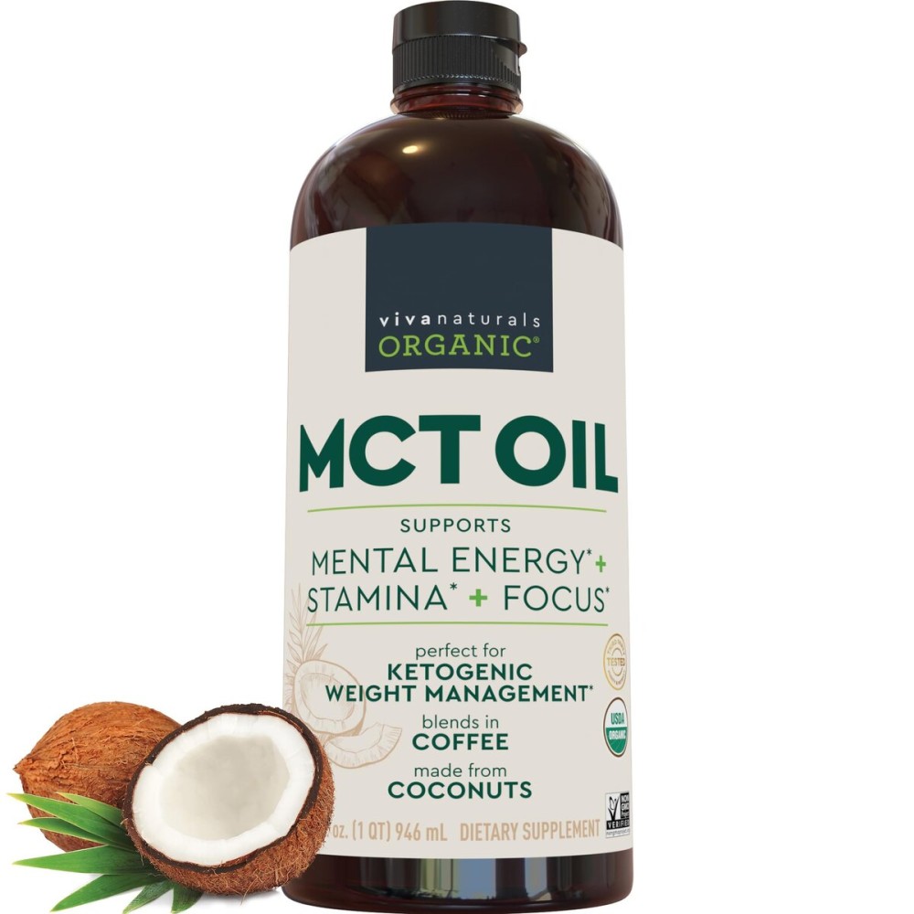 Viva Naturals Organic MCT Oil, 32 fl oz - MCT Oil for Coffee, USDA Organic, Non-GMO, Paleo Certified & Keto Friendly, Supports Energy & Mental Clarity