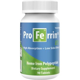 Proferrin ES- 10.5mg of high Absorbing Heme Iron Polypeptide. Made in The USA. 90 Tablets. Easy on The Gut. Not affected by Coffee, Calcium, or PPI\'s.