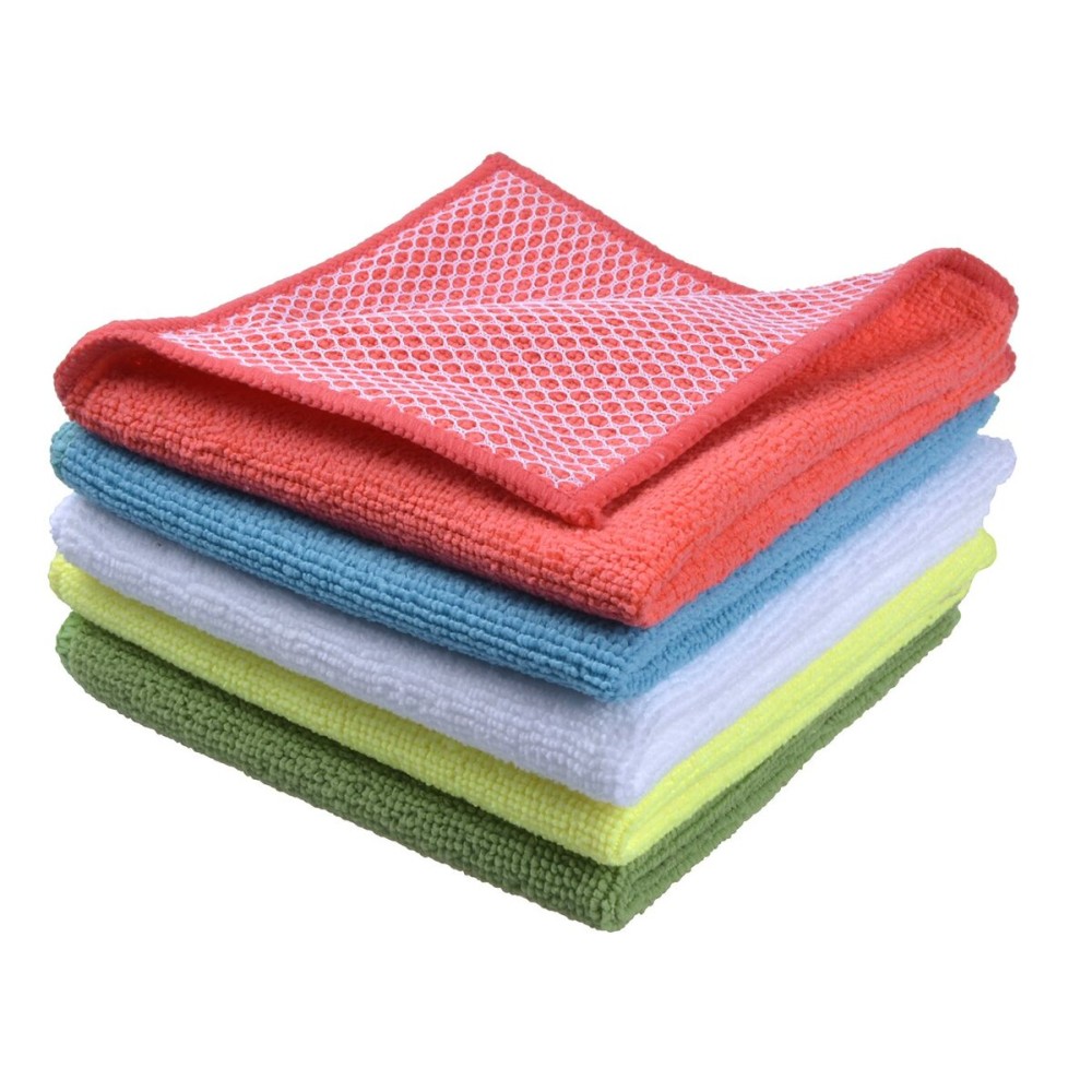 SINLAND 5 Color Assorted Microfiber Dish Cloth Towels Best Kitchen Cloths Cleaning Cloths with Poly Scour Side 12x12 5Pack (Pink+Blue+White+Yellow+Green)