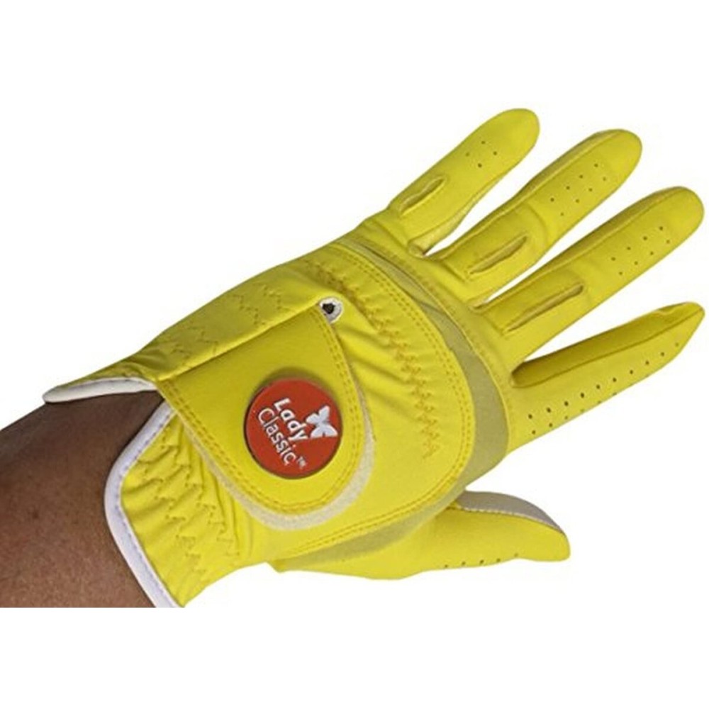 Lady Classic Soft Flex Golf Glove for Women with Magnetic Ball Marker | Comfortable Grip, Removable Marker, Soft Leather Palm Patch - Stylish & Flexible Ladies Golf Glove (Yellow/Left Hand/Small)