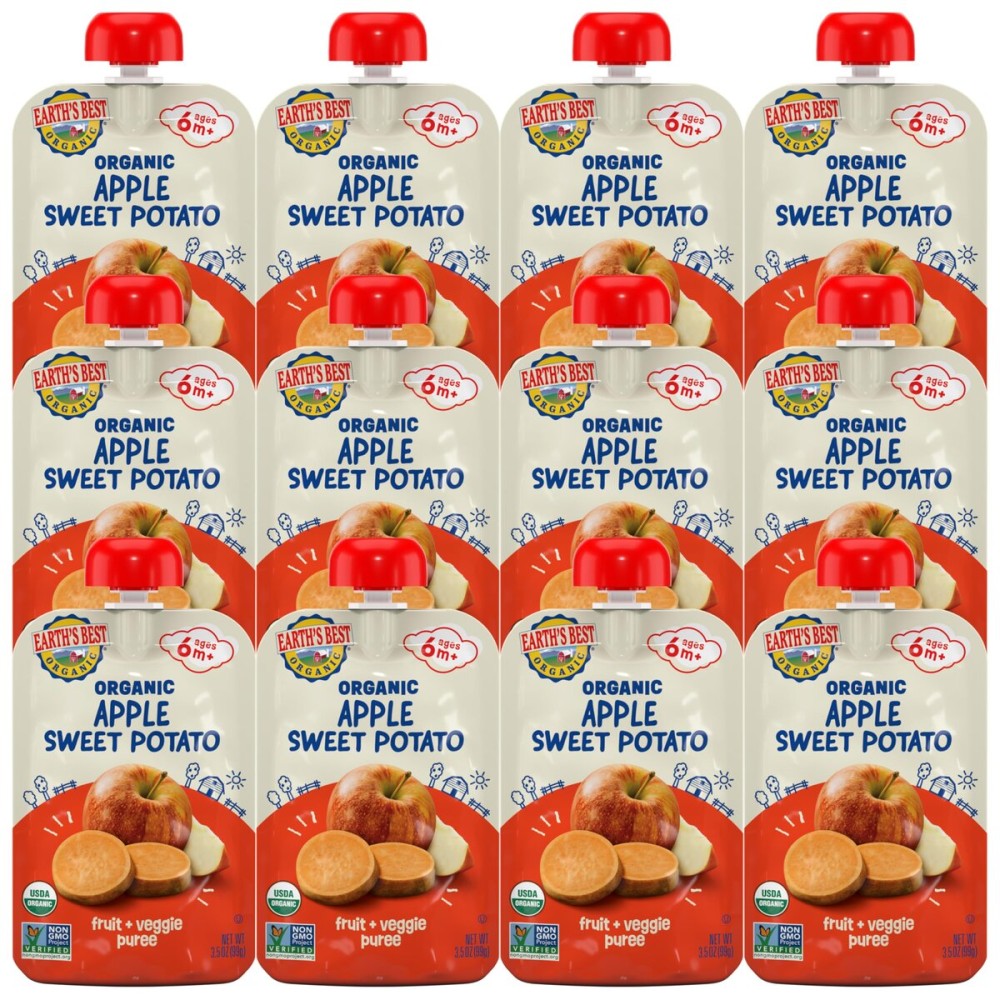 Earth\'s Best Organic Baby Food Pouches, 6+ Months, Fruit and Vegetable Puree for Babies 6 Months and Up, Organic Apple and Sweet Potato, 3.5 Ounce Resealable Pouch