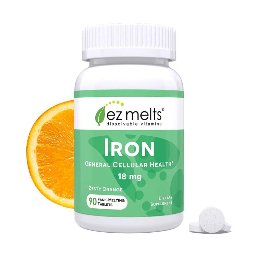 EZ Melts Iron - Supplement for Daily Energy & Iron Support - with Vitamin C - No Artificial Flavors - Non-GMO & Vegan - Zesty Orange - 90 Dissolvable Tablets (90 Servings)