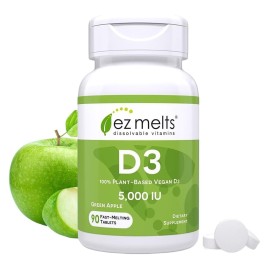 EZ Melts Dissolvable Vitamin D3 5,000 IU - Vegan Vitamin D Supplement for Bone & Teeth Support - No Artificial Flavors - Plant-Based & Non-GMO - Green Apple - 90 Dissolvable Tablets (90 Servings)