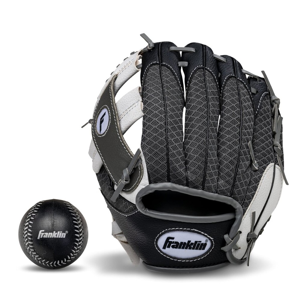 Franklin Sports Teeball Recreational Series Fielding Right Hand Glove with Baseball, 9.5-Inch, Black/Graphite/White