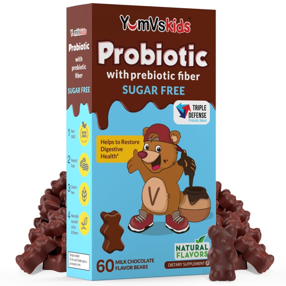 YumVs Probiotics for Kids with Prebiotic Fiber Sugar Free Chocolate Chewable Supplements - Dietary Supplement Chewables for Digestive Health - Toddlers, Kids & Teens 60 Count
