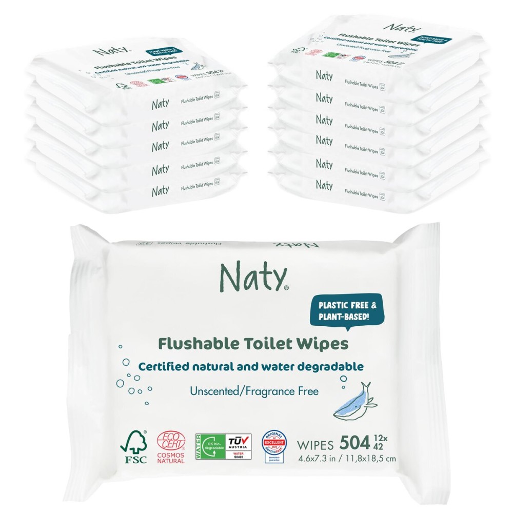 Naty Flushable Toddler & Baby Wet Wipes | Plant-Based, Water-Based for Sensitive Skin | Natural & Unscented Potty Training Wipes | Water-Degradable, Plastic-Free, Fragrance-Free | 504 Count (12 Packs)