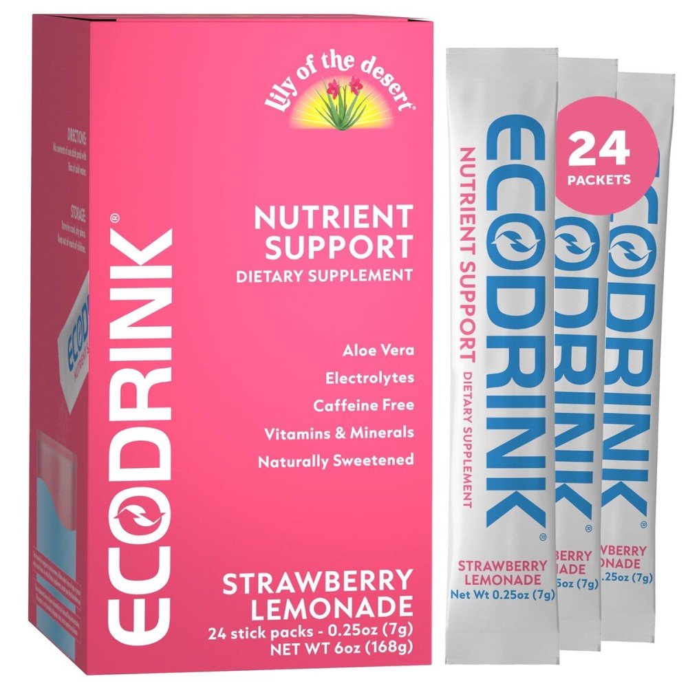 Lily of The Desert EcoDrink Nutrient Support Hydration Packets, Strawberry Lemonade - Naturally Sweetened Multivitamin Electrolyte Mix with Aloe, 24 Stick Packs/Box, 0.25 Oz Ea