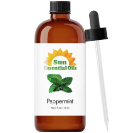 Sun Essential Oils - Peppermint Essential Oil (4 oz) with Dropper for Diffuser, Humidifier, Skin & Aromatherapy Body Massage, Candle & Soap Making for Home