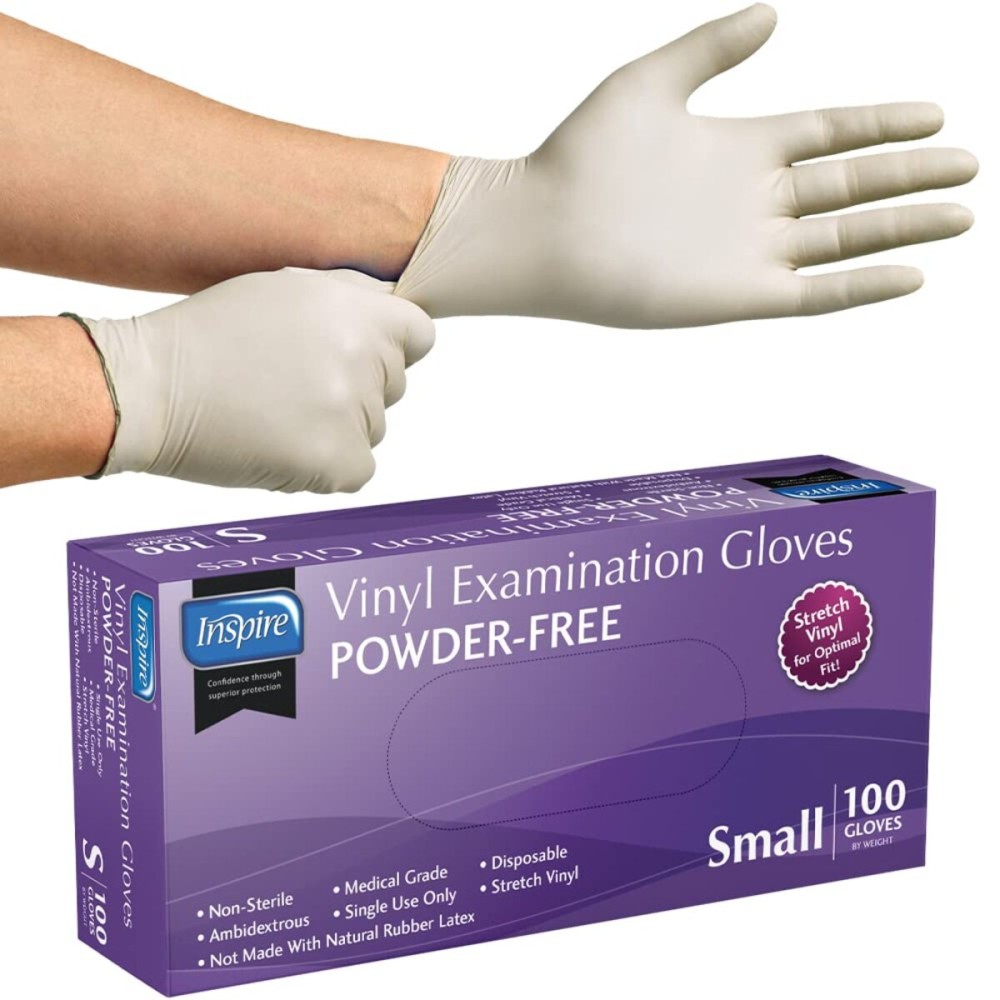 Inspire Medical Exam Gloves | Powder Free Stretch Vinyl Gloves | Disposable Latex Free Gloves | Disposable Food Safe Food Prep Cooking Gloves