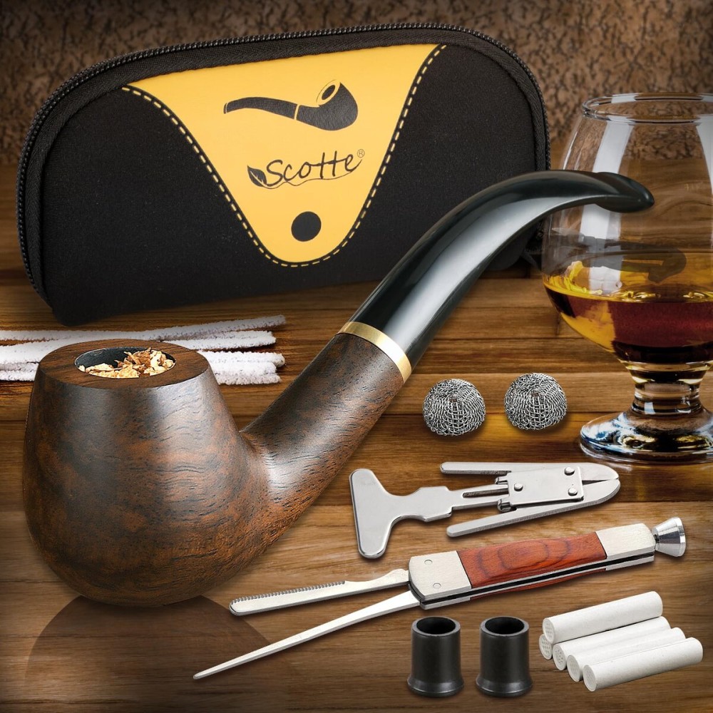 Scotte Tobacco Pipe Handmade Ebony Wood Root Smoking Pipe Gift Box and Accessories