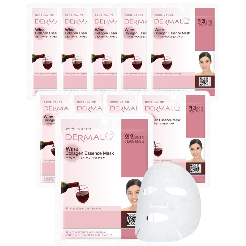 DERMAL Wine Collagen Essence Facial Mask Sheet 23g Pack of 10 - Moisturizing & Firming for Tired Skin, Relieves Skin Stress, Daily Skin Treatment Solution Sheet Mask