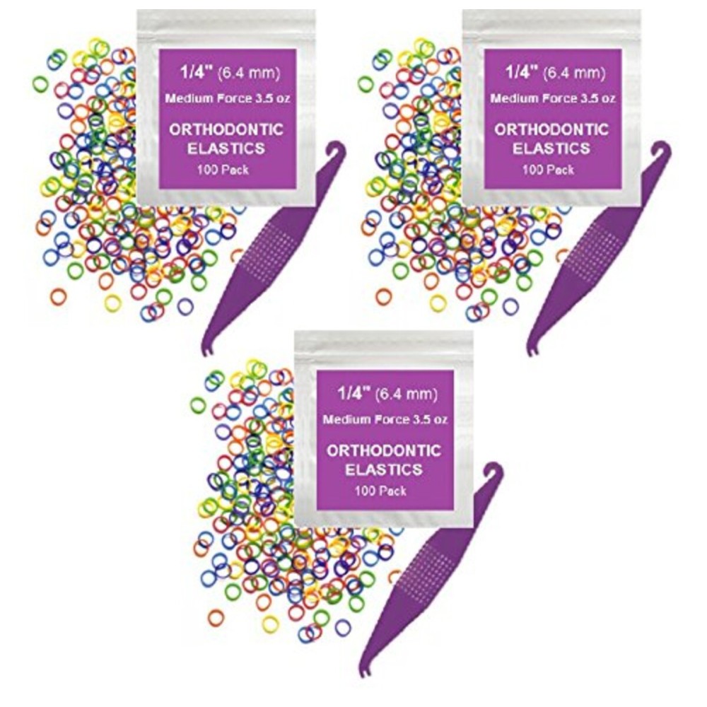 Orthodontic Rubber Bands for Braces - Premium Quality Elastic Teeth Rubber Bands for Braces, Fix Tooth Gaps, Dreadlocks, Includes Free Elastic Placer - Medium Force 3.5 oz, 1/4 Inch, Neon (300 Pack)