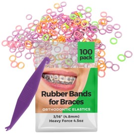 Orthodontic Rubber Bands for Braces - Premium Quality Elastic Teeth Rubber Bands for Braces, Fix Tooth Gaps, Dreadlocks, Includes Free Elastic Placer - Heavy Force 4.5 oz, 3/16 Inch, Neon (100 Pack)