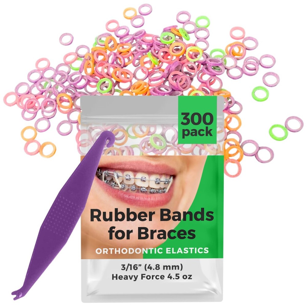 Orthodontic Rubber Bands for Braces - Premium Quality Elastic Teeth Rubber Bands for Braces, Fix Tooth Gaps, Dreadlocks, Includes Free Elastic Placer- Heavy Force 4.5 oz, 3/16 Inch, Neon (300 Pack)