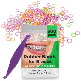 Orthodontic Rubber Bands for Braces - Premium Quality Elastic Teeth Rubber Bands for Braces, Fix Tooth Gaps, Dreadlocks, Includes Free Elastic Placer- Heavy Force 4.5 oz, 3/16 Inch, Neon (300 Pack)