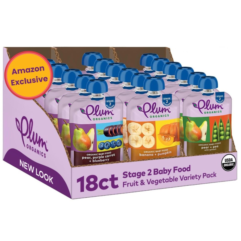 Plum Organics Variety Pack, 6+ Months - Fruit and Veggie Adventure Pack - Organic Baby Food Pouches, 4 oz Pouch, Pack of 18 (Amazon Exclusive)