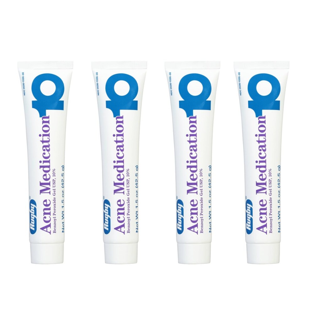Rugby Acne Medication Benzoyl Peroxide Gel USP, 10% - Clear Up Acne Pimples - Greaseless, Vanishing Formula - 1.5 Oz (42.5g) - 4 Pack