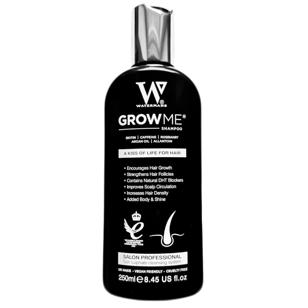 Watermans Grow Me Organic Hair Growth Shampoo for Men & Women - Strengthening & Moisturizing with Biotin, Rosemary, Caffeine & Argan Oil for Fuller, Thicker-Looking Hair (8.45 fl oz)