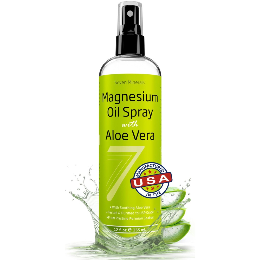 Seven Minerals Pure Magnesium Oil Spray with Aloe Vera 12oz - Pharmaceutical (USP) Grade, Highest Strength with Instant Relief for Feet, Sleep, Muscle Pain & Cramps - Mined in The USA